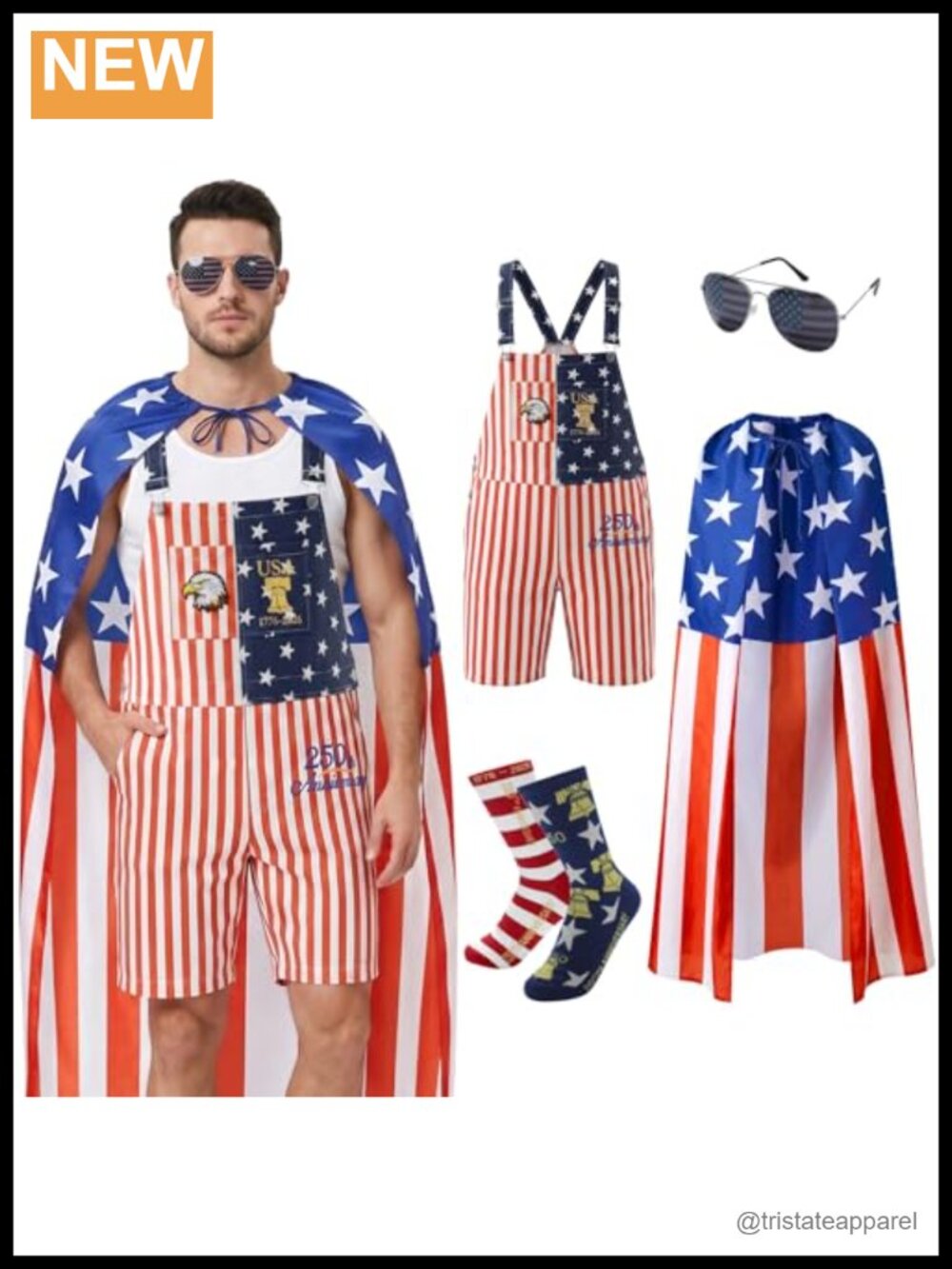 Men's Denim Overalls Jumpsuit 4th of July Patriotic Bib with Cape Glasses